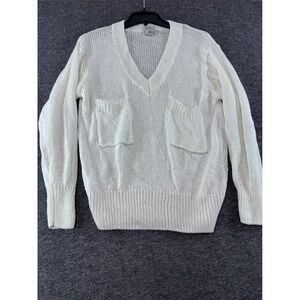 Vintage John Henry Cream Knit V-Neck Sweater Rayon Cotton Pockets Size L